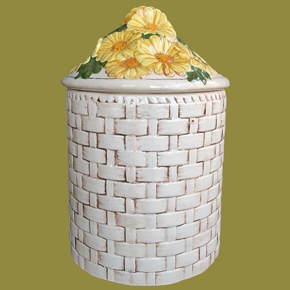 Vintage 1970s Basket of Daisies Hand-Painted Canister - Picture 1 of 5